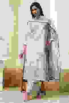 Off-White and Blue Cotton Straight Suit Set image number 0