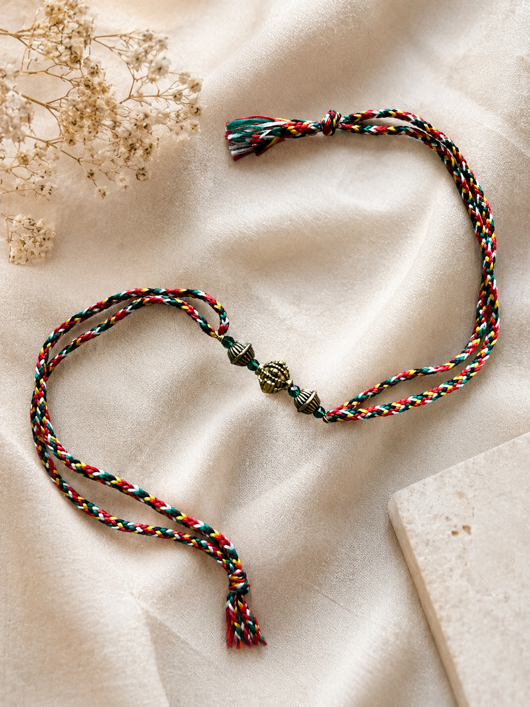 Multlicolor Antique Gold Rakhi With Green Beads image number 1