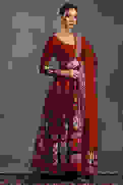 Rohit Bal Maroon Silk Chanderi Floral Anarkali Suit Set image number 4