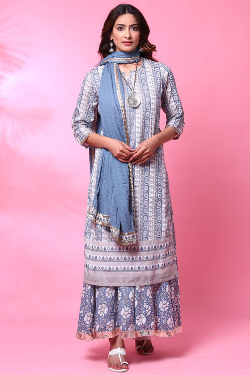 Off White And Blue Cotton Straight Kurta Sharara Suit Set image number 5