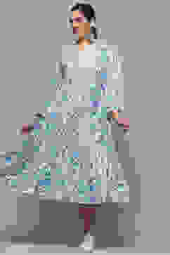 White and Blue Cotton Floral Tiered Dress image number 3