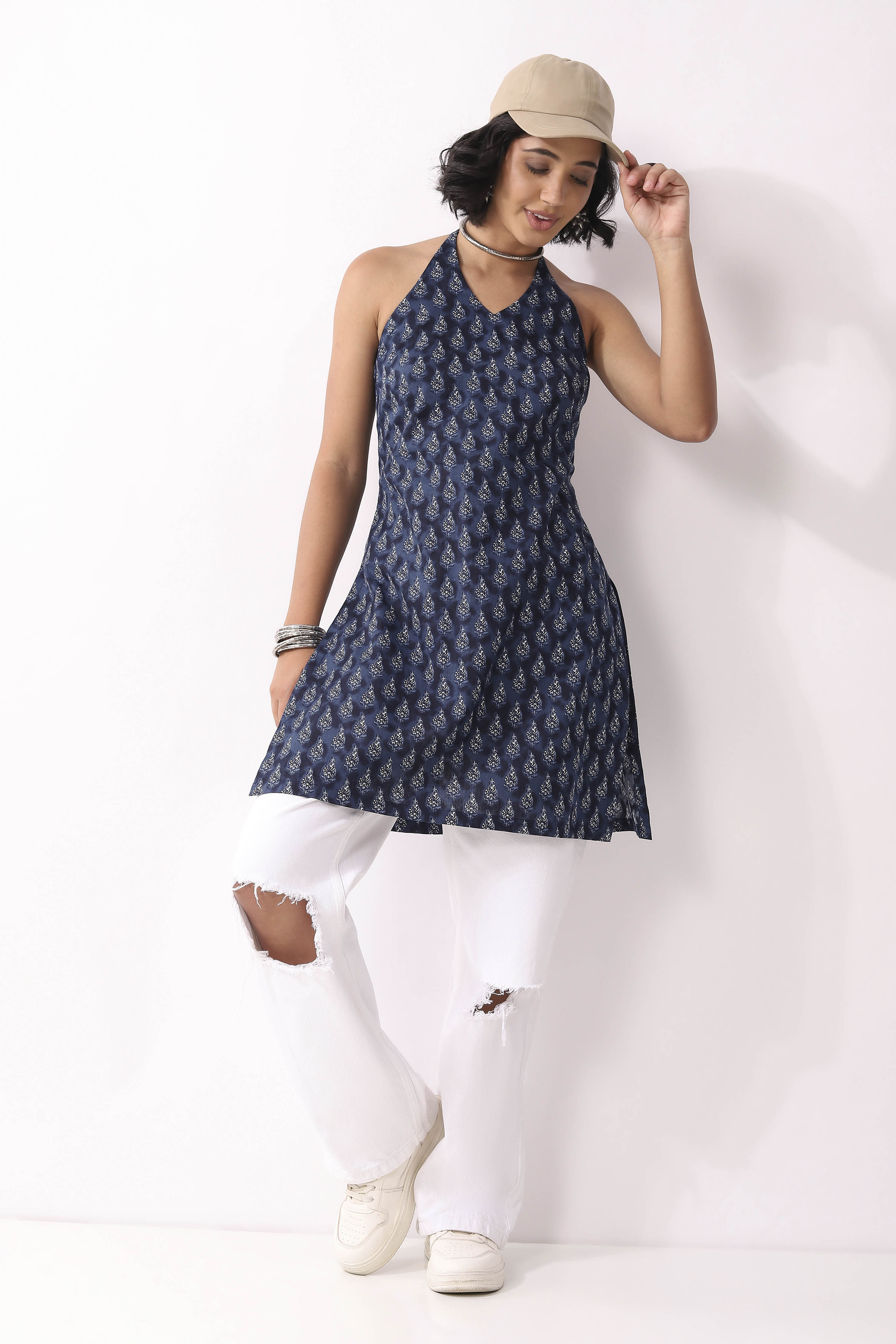 Indigo Cotton Printed A Line Short Kurti image number 0