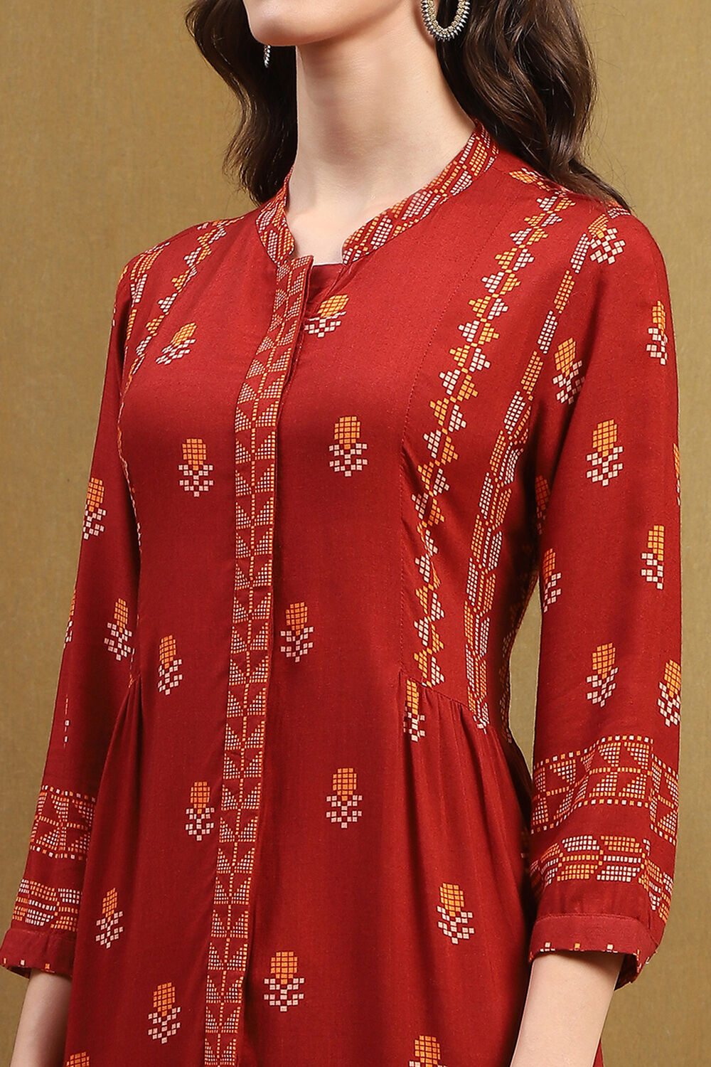 Navy Blue Floral Printed Gathered Short Kurta image number 1