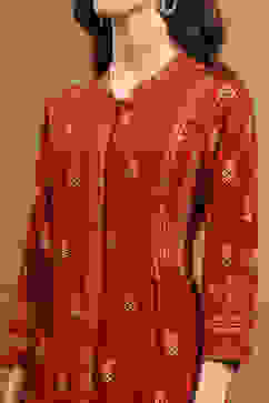 Maroon Floral Printed Gathered Short Kurta image number 1