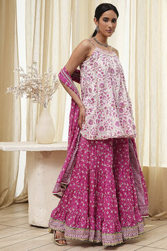 White and Pink Cotton Floral Flared Suit Set image number 5