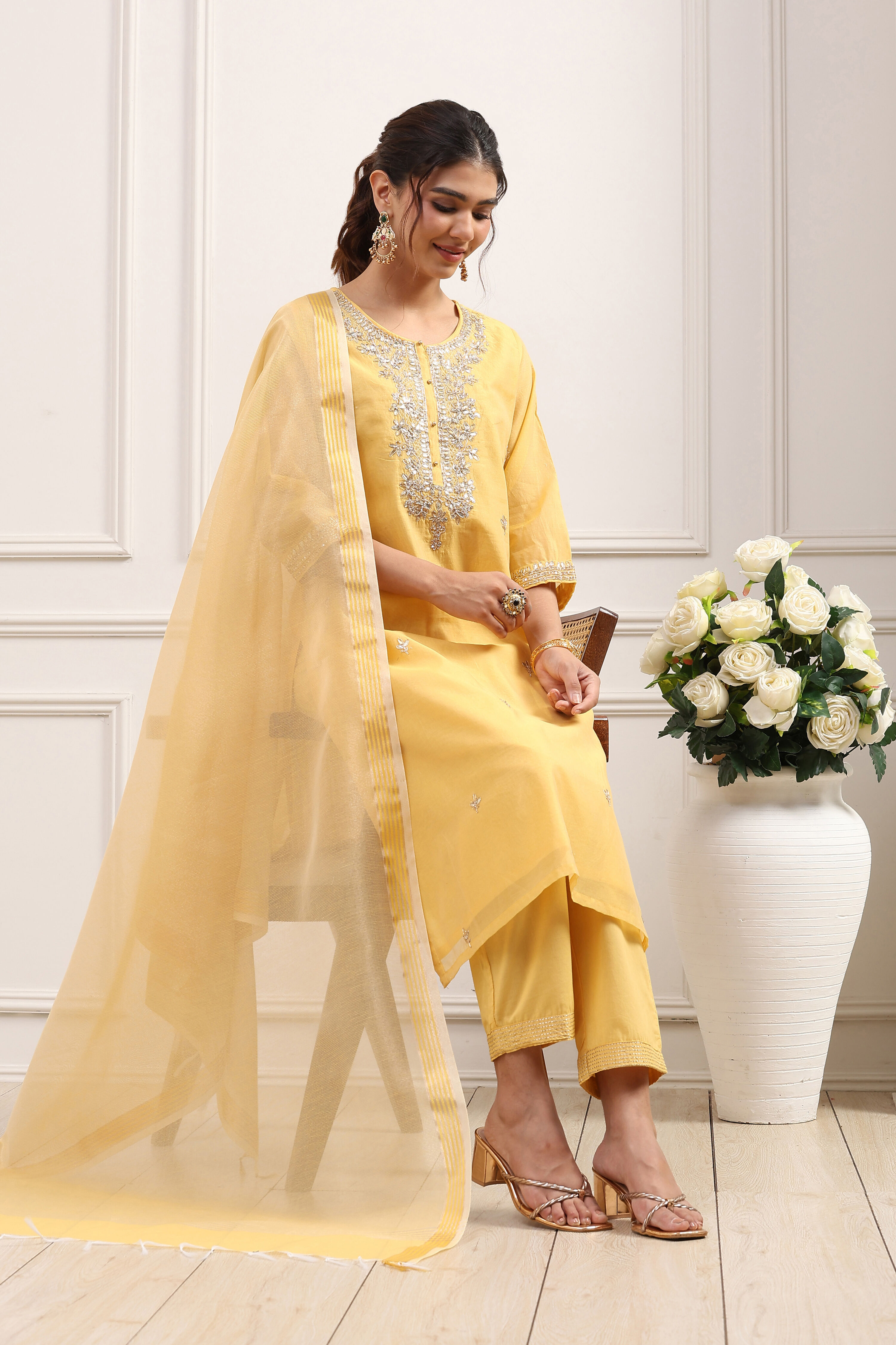Green Poly Chanderi Sequin Embroidered Straight Suit Set image number 0