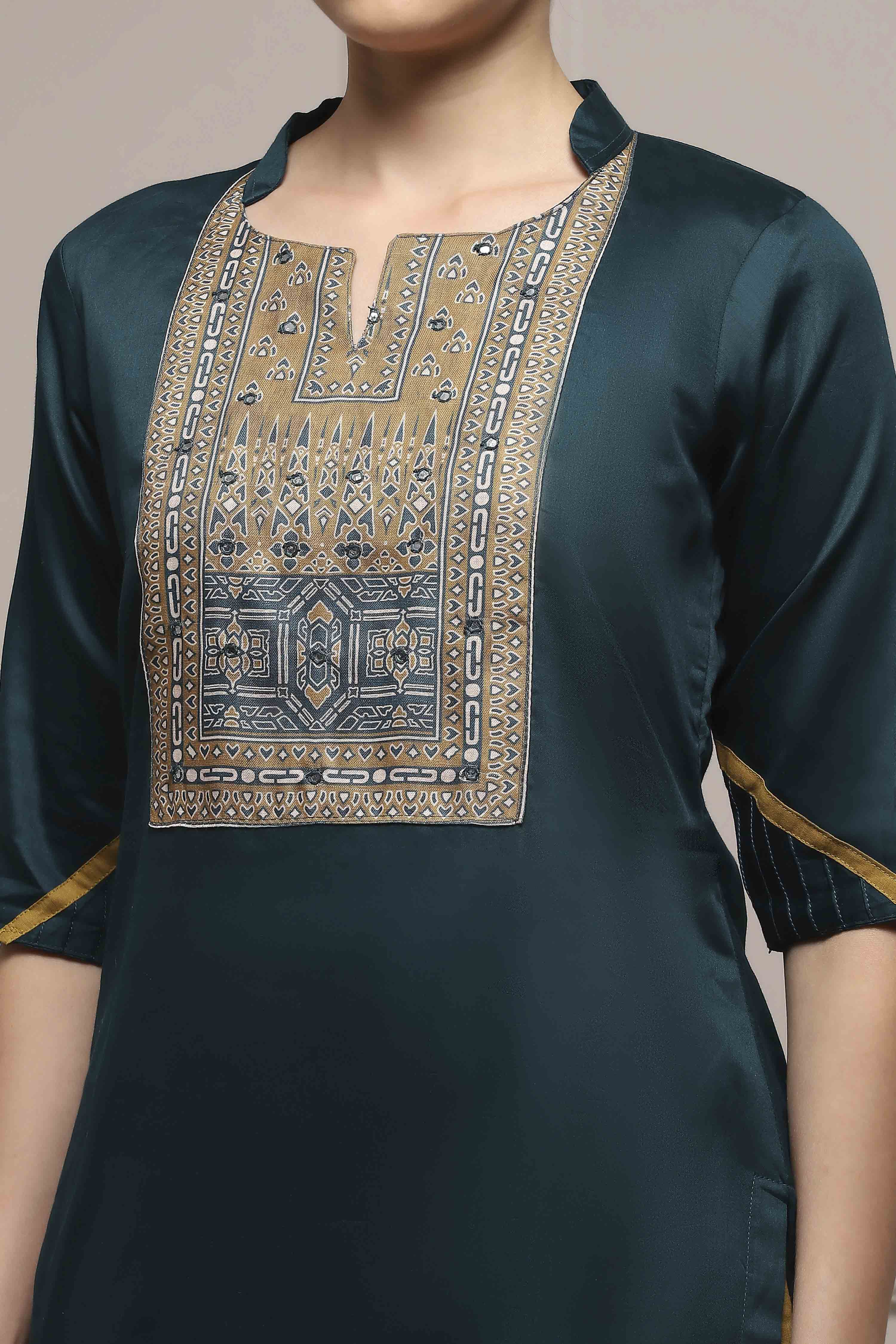 Blue Cotton Printed Embroidered Unstitched Suit Set image number 2