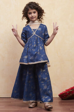 Navy Blue Printed Peplum Suit Set image number 6