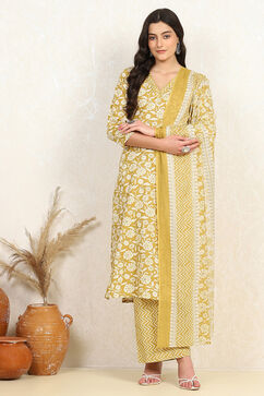 Mustard Yellow Cotton Screen Printed Unstitched Suit Set image number 7