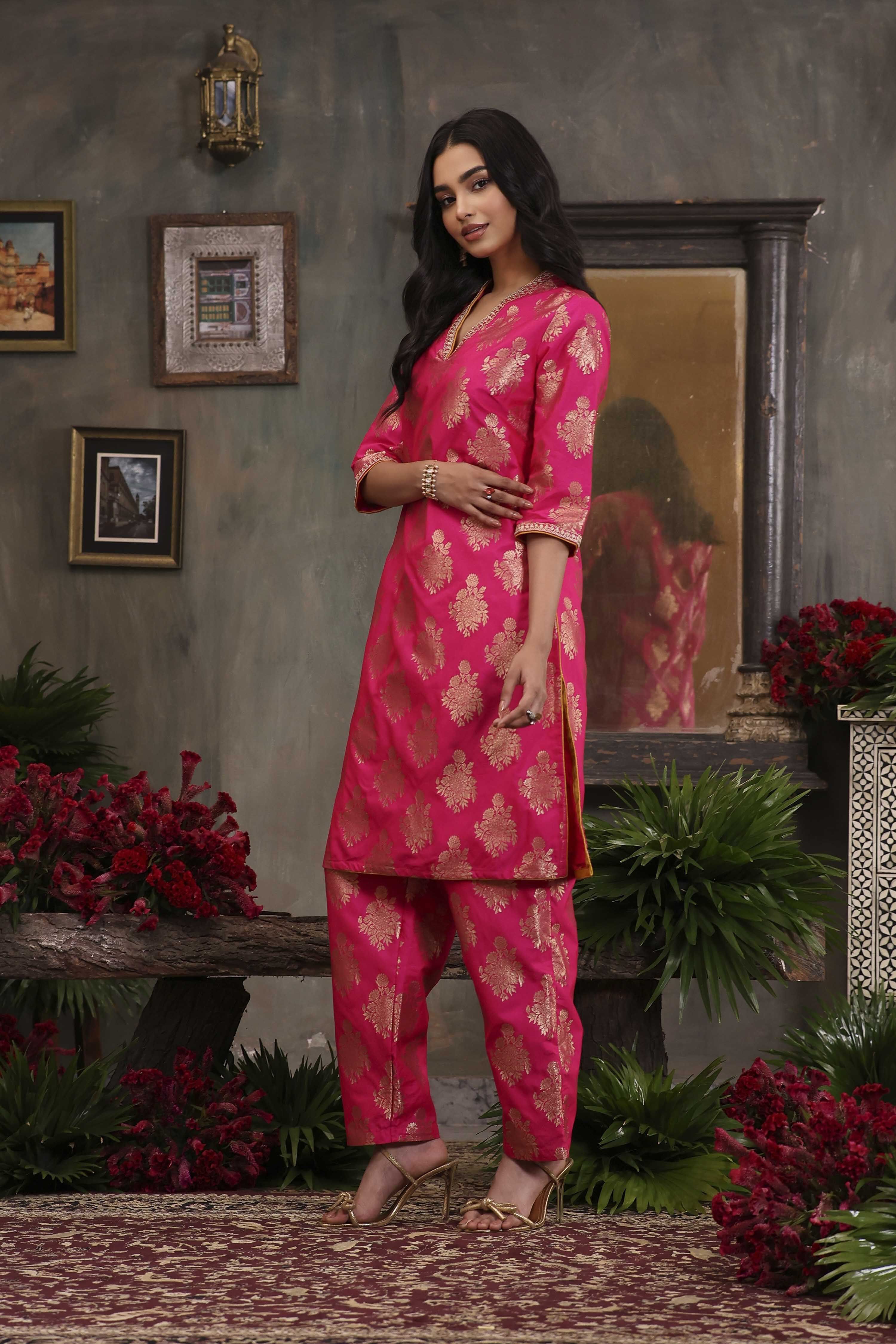 Fuchsia Pink Art Silk Printed Straight Co-ord Set image number 3