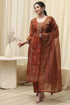 Brown Chanderi Printed Embroidered Unstitched Suit Set image number 2