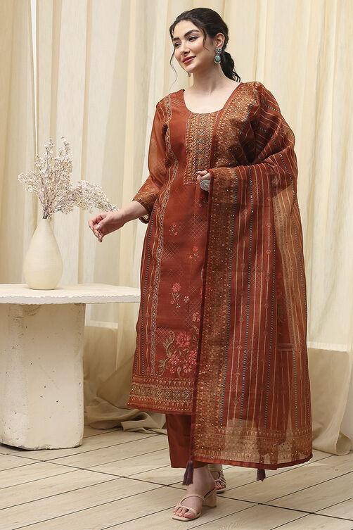 Blue Chanderi Printed Embroidered Unstitched Suit Set image number 2