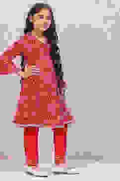 Red Rayon Front Open Kurta Regular Pants Suit Set image number 5