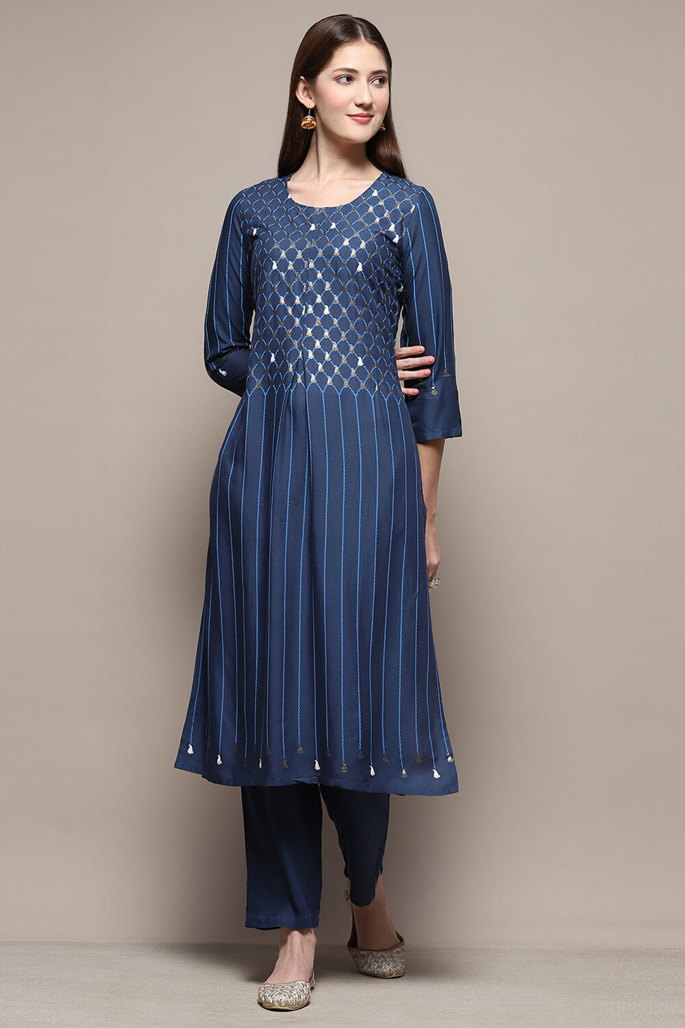 Indigo Rayon Straight Kurta Pant Suit Set image number 6