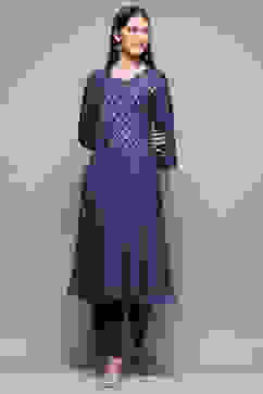 Indigo Rayon Straight Kurta Pant Suit Set image number 6