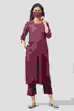 Plum Printed Rayon Straight Kurta Regular Pants Suit Set image number 3