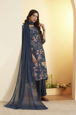 BIBA Viscose Blend Printed Straight Semi-Formal Kurta With Palazzo And Dupatta in Blue