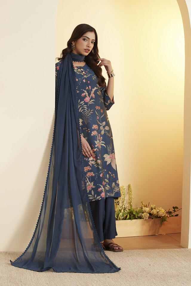 BIBA Viscose Blend Printed Straight Semi-Formal Kurta With Palazzo And Dupatta in Blue
