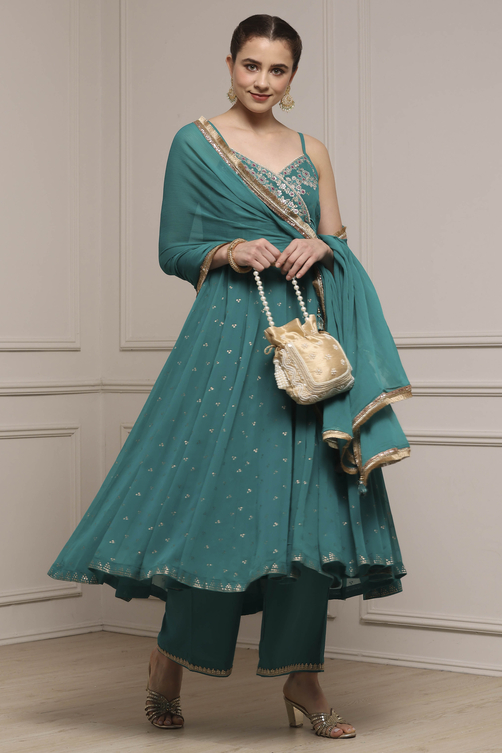 Buy Emerald Green Poly Georgette Embroidered Kalidar Suit Set Online at Biba India Buy Emerald Green Poly Georgette Embroidered Kalidar Suit Set Online at Biba India