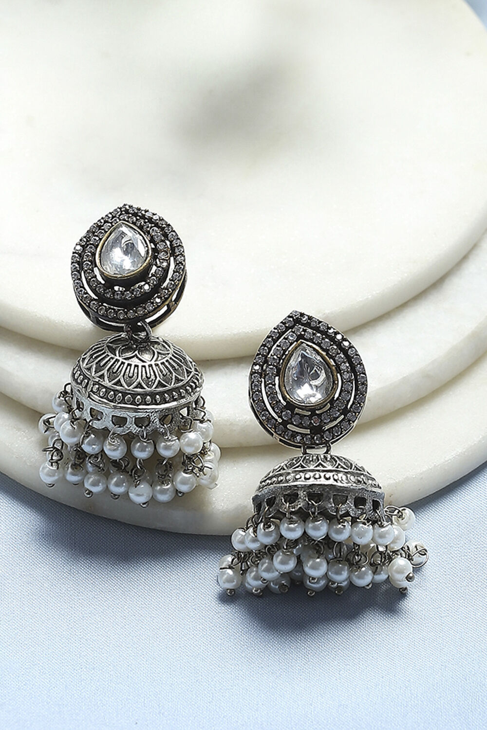White Stone-Studded Oxidised Jhumkas image number 0