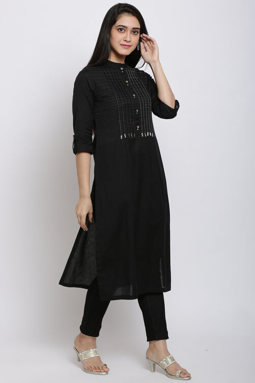 Black Cotton Flax Straight Kurta image number 0