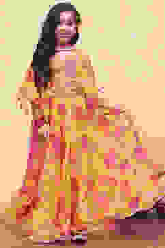 Yellow and Pink Georgette Floral Flared Lehenga Set image number 0
