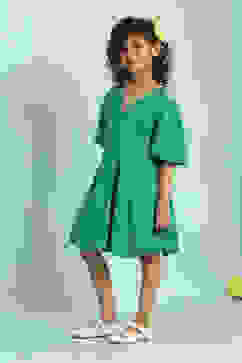 Green Cotton Schiffli Flared Dress image number 2