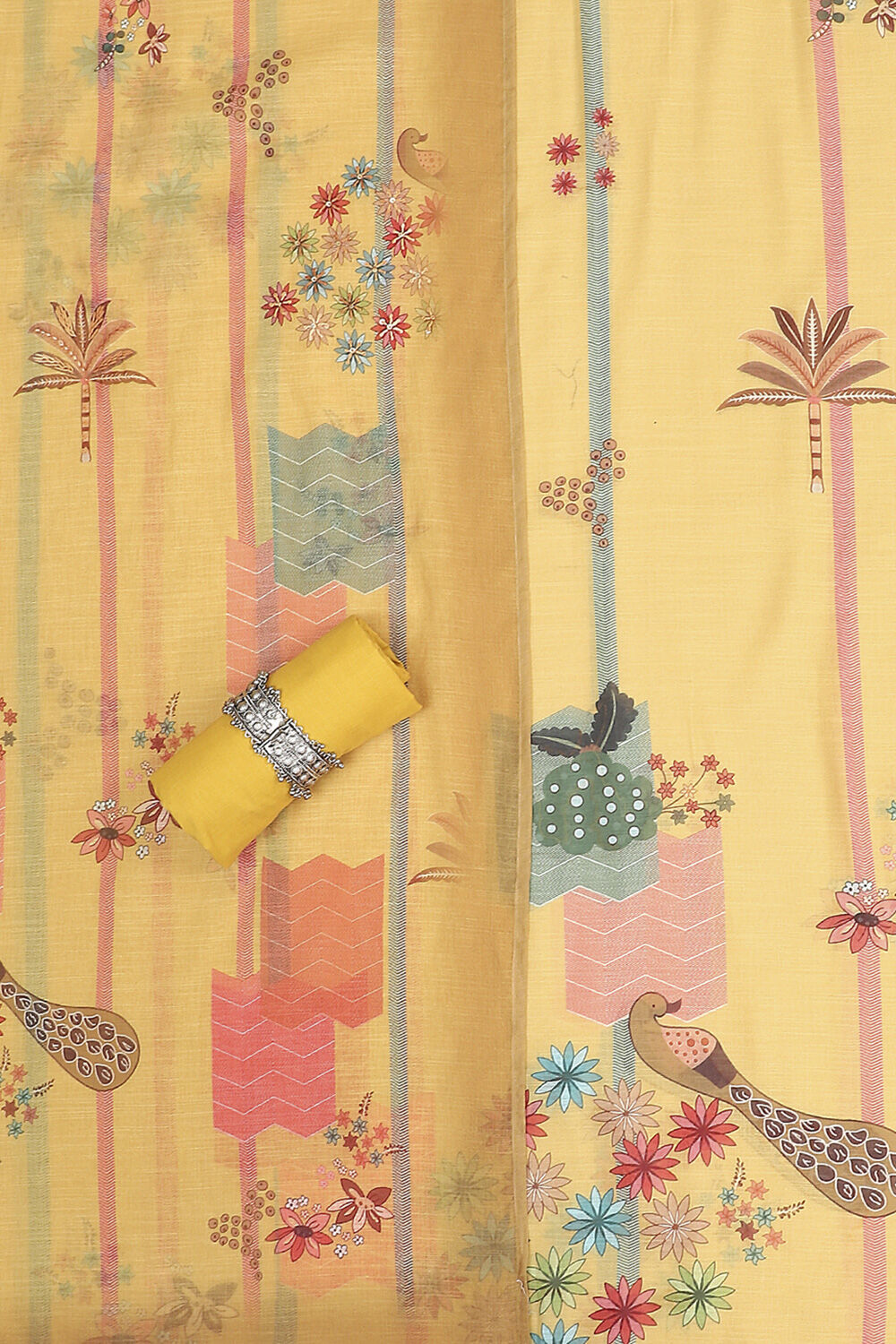 Yellow Chanderi Printed Unstitched Suit Set image number 1