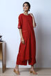 Red Cotton Straight Kurta Flared Palazzo Suit Set image number 2