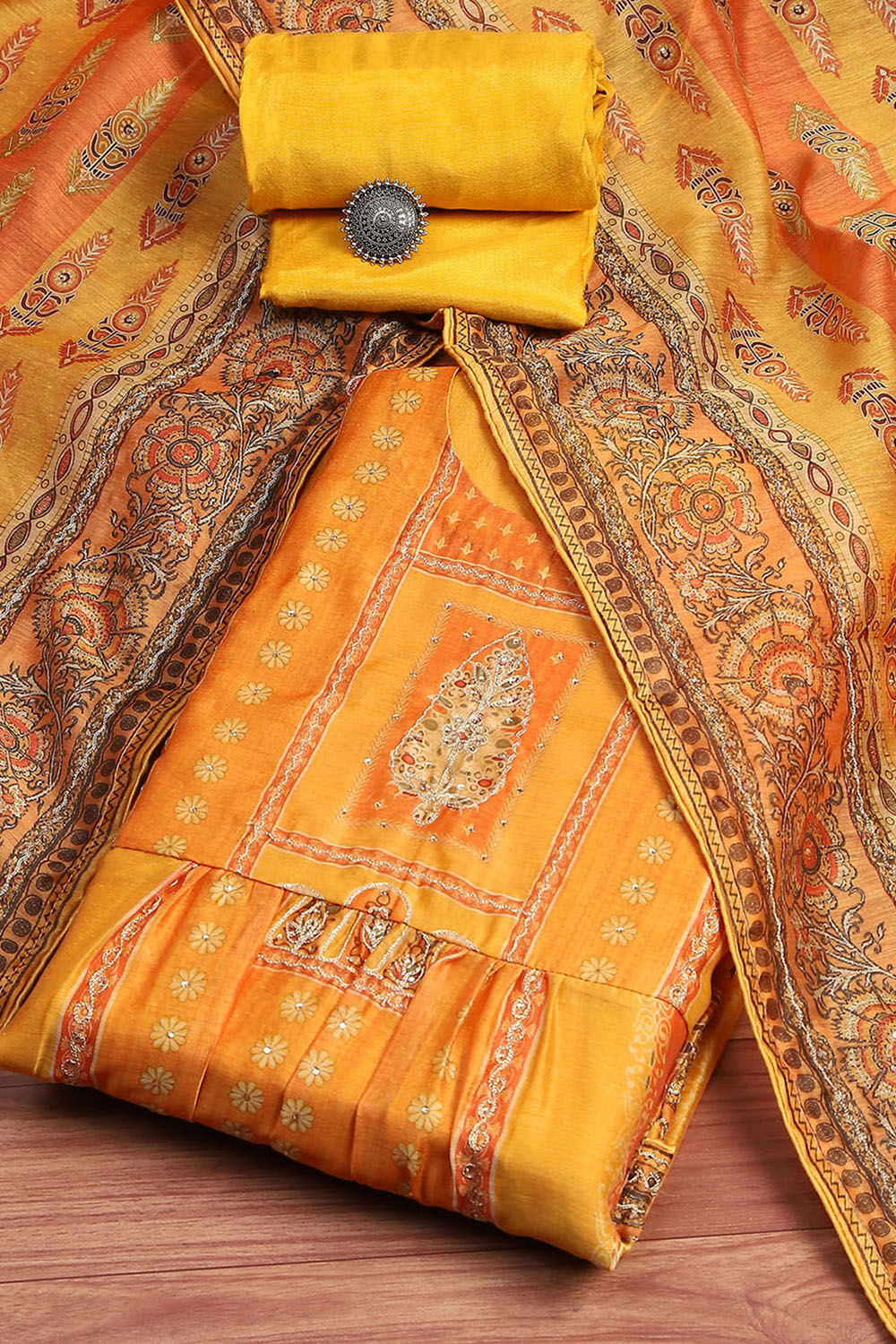 Mustard Yellow Chanderi Printed Unstitched Suit Set image number 0