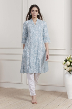 Blue Cotton Printed Straight Kurta