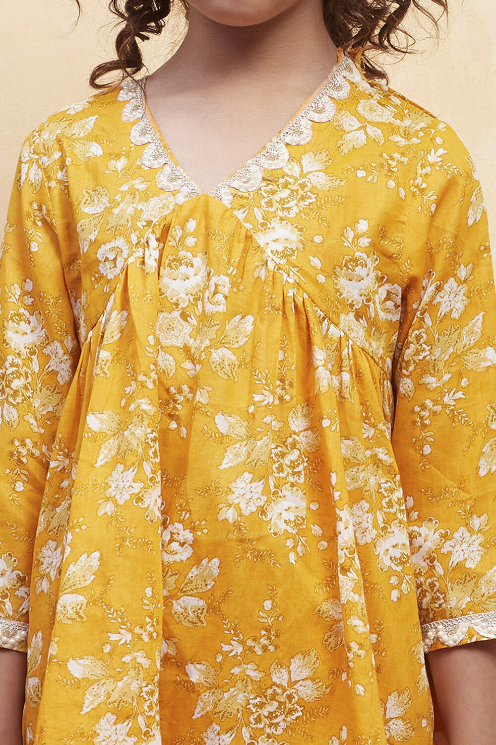 Yellow Cotton Floral Gathered Suit Set image number 1