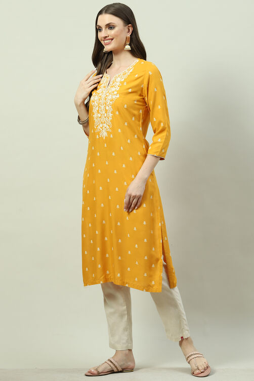 Warm Mustard LIVA Straight Printed Kurta image number 2