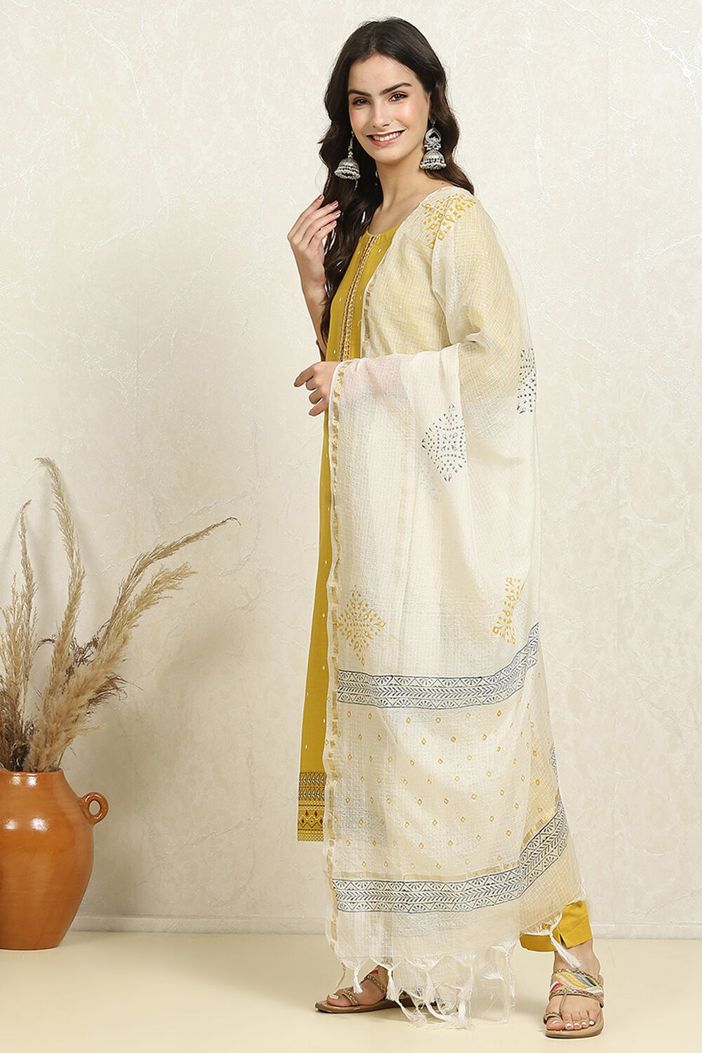 Yellow Cotton Handloom Unstitched Suit Set image number 4