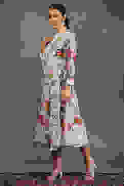 Rohit Bal Ivory Silk Chanderi Floral Front-Open Dress image number 2