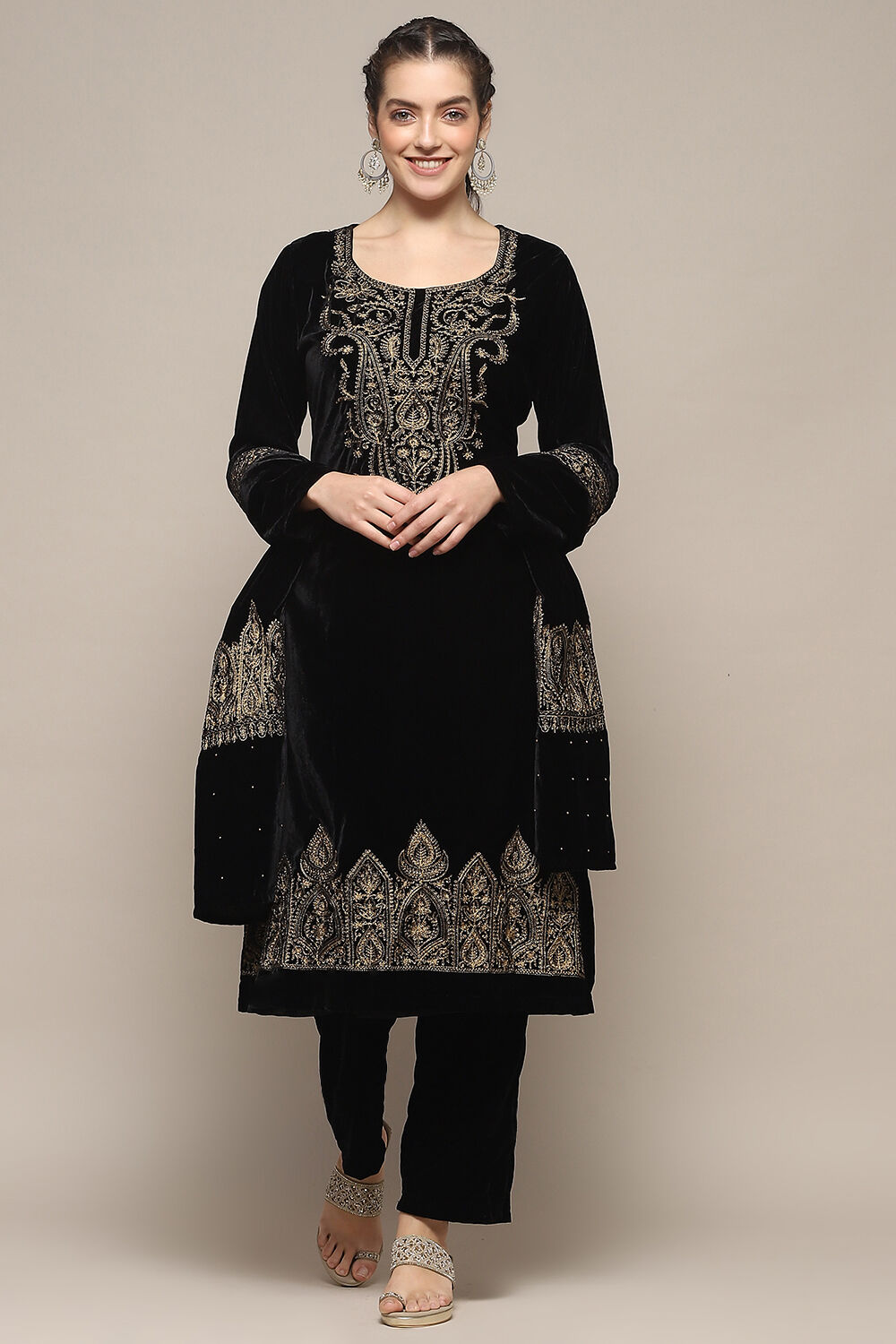 Black Polyester Straight Solid Kurta Pant Suit Set image number 7