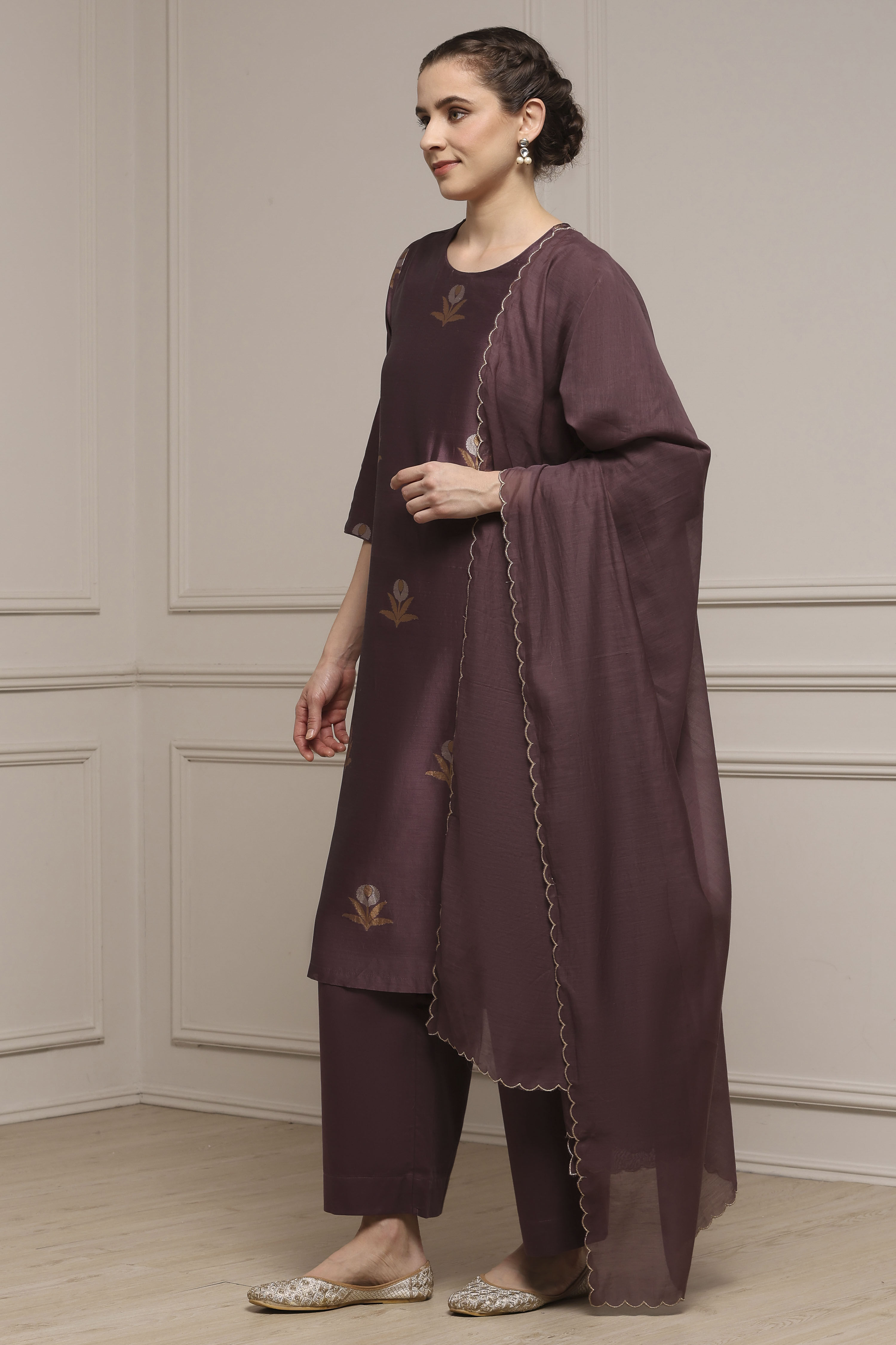 Red Chanderi Printed Straight Suit Set image number 3