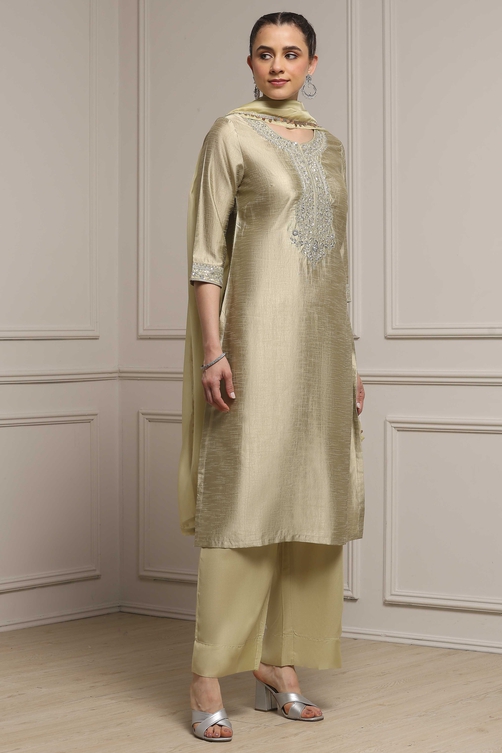 Light Green Art Silk Embroidered Straight Suit Set image number 5