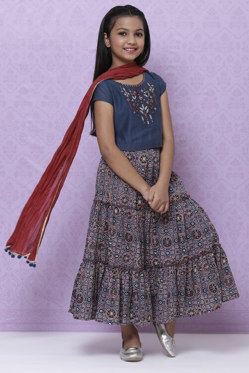 Teal Poly Cotton Girls Lehenga Set image number 6
