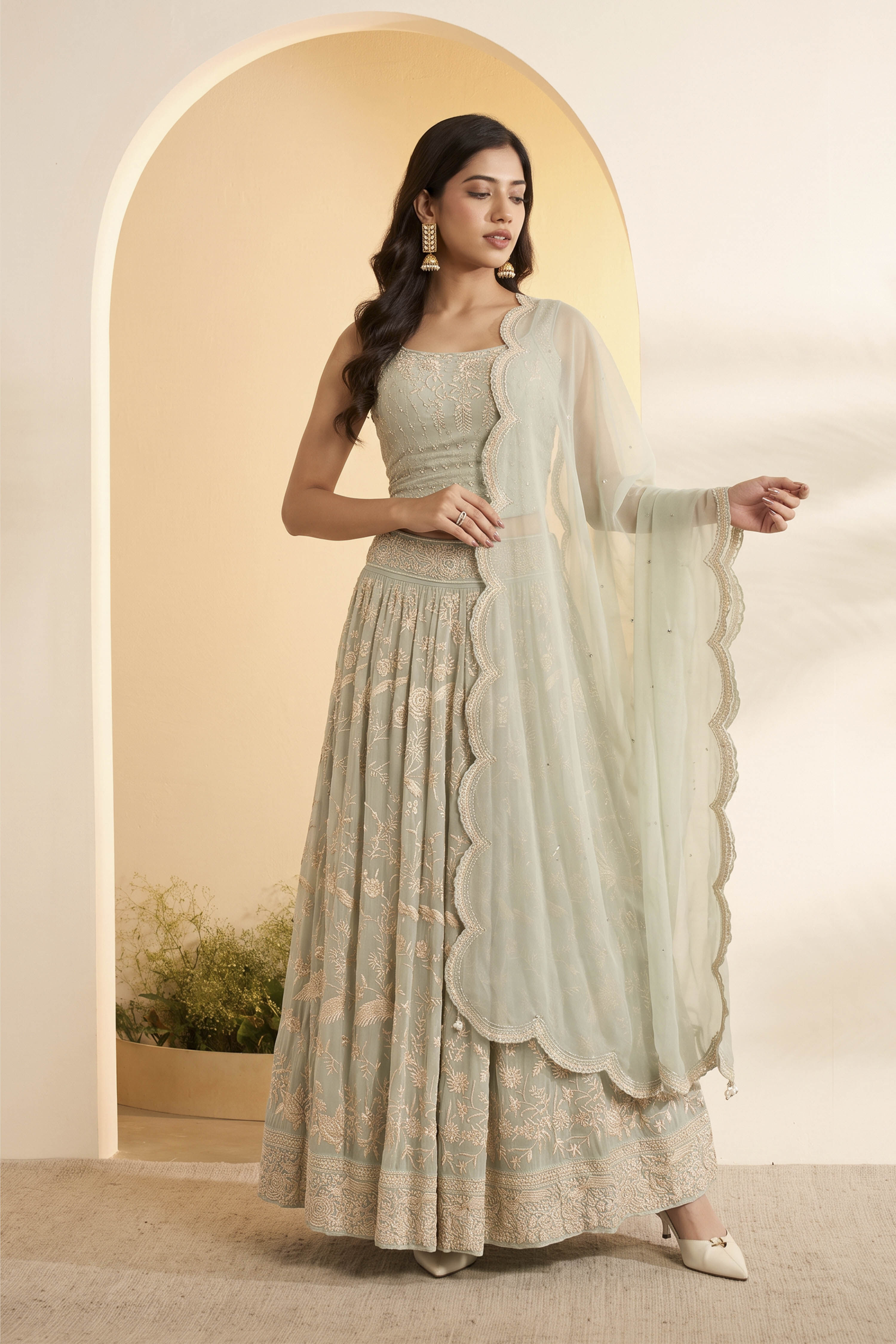Turquoise Polyester Straight Lehenga Set image number 0