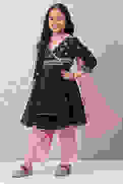 Black Art Silk Anarkali Straight Kurta Palazzo Suit Set image number 5