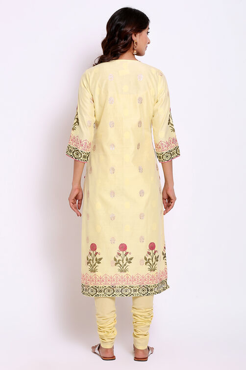 Pale Yellow Poly Metallic Cotton Straight Kurta Churidar Suit Set image number 5