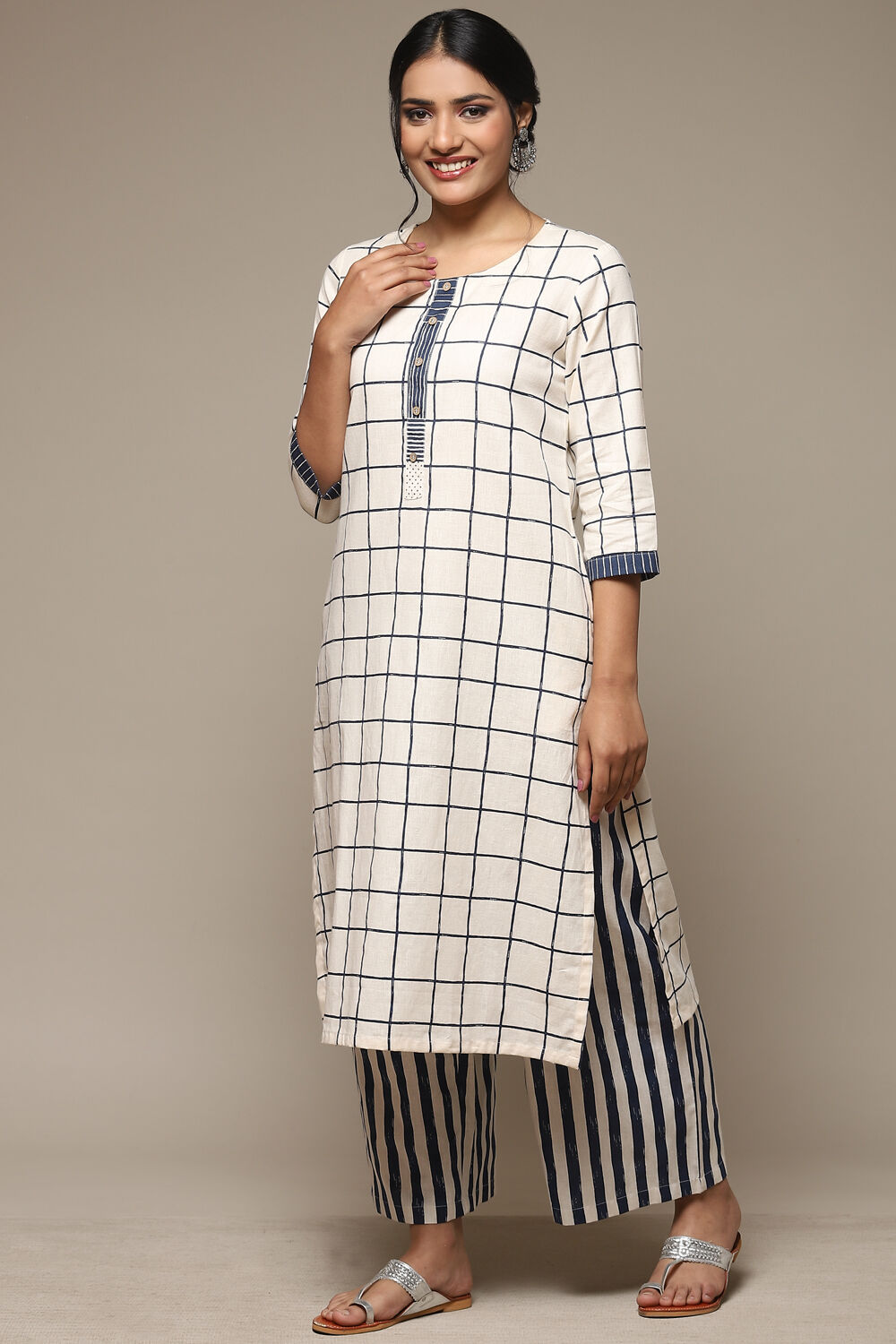 Natural & Blue Cotton Blend Straight Kurta Palazzo Suit Set image number 3