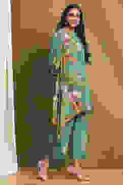 Green Modal Floral Printed Asymmetric Kurta Set image number 5