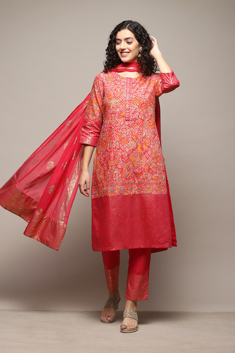Pink & Purple Voile Straight Printed Kurta Slim Pant Suit Set image number 0
