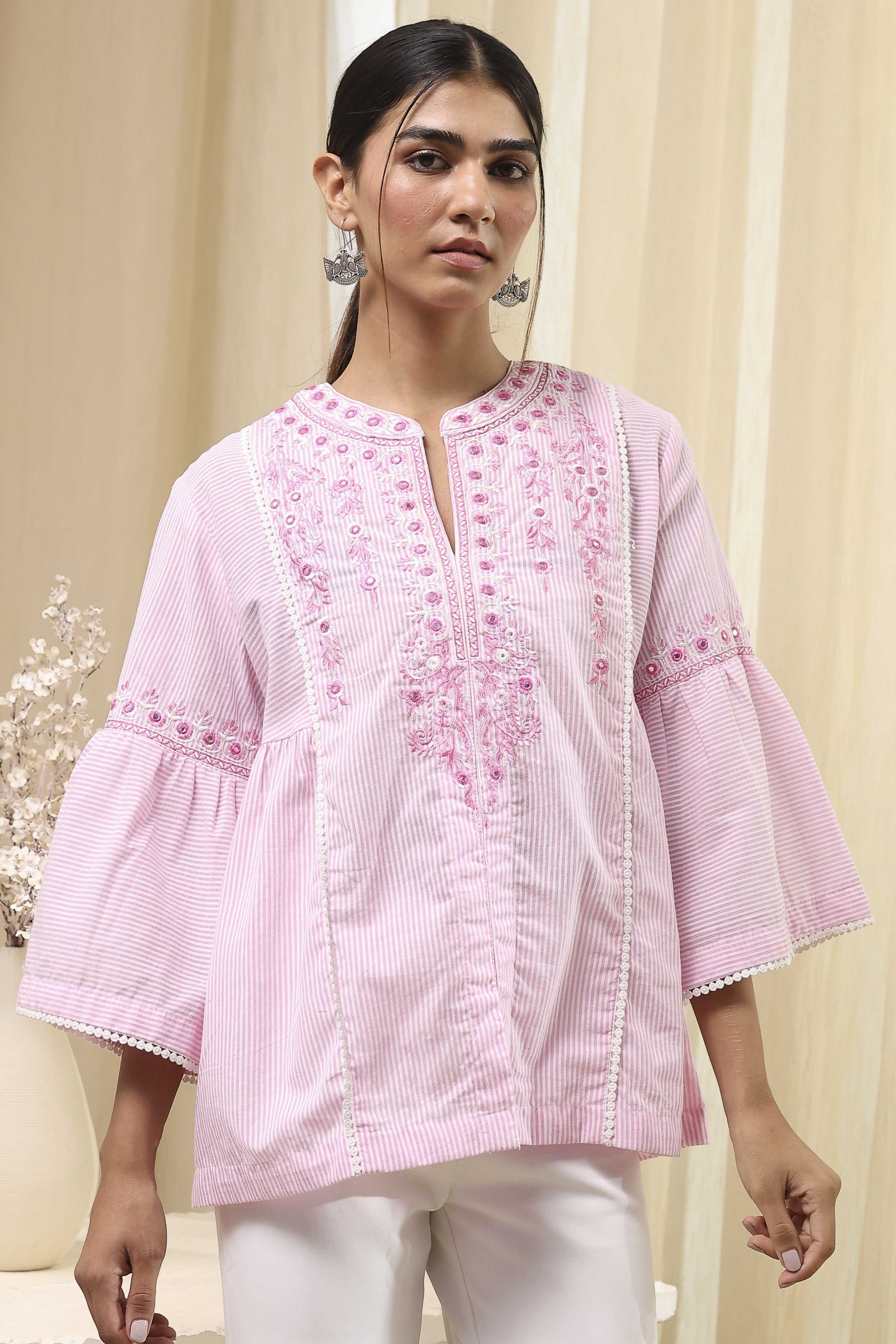 Blue Cotton Striped Straight Short Kurta image number 1