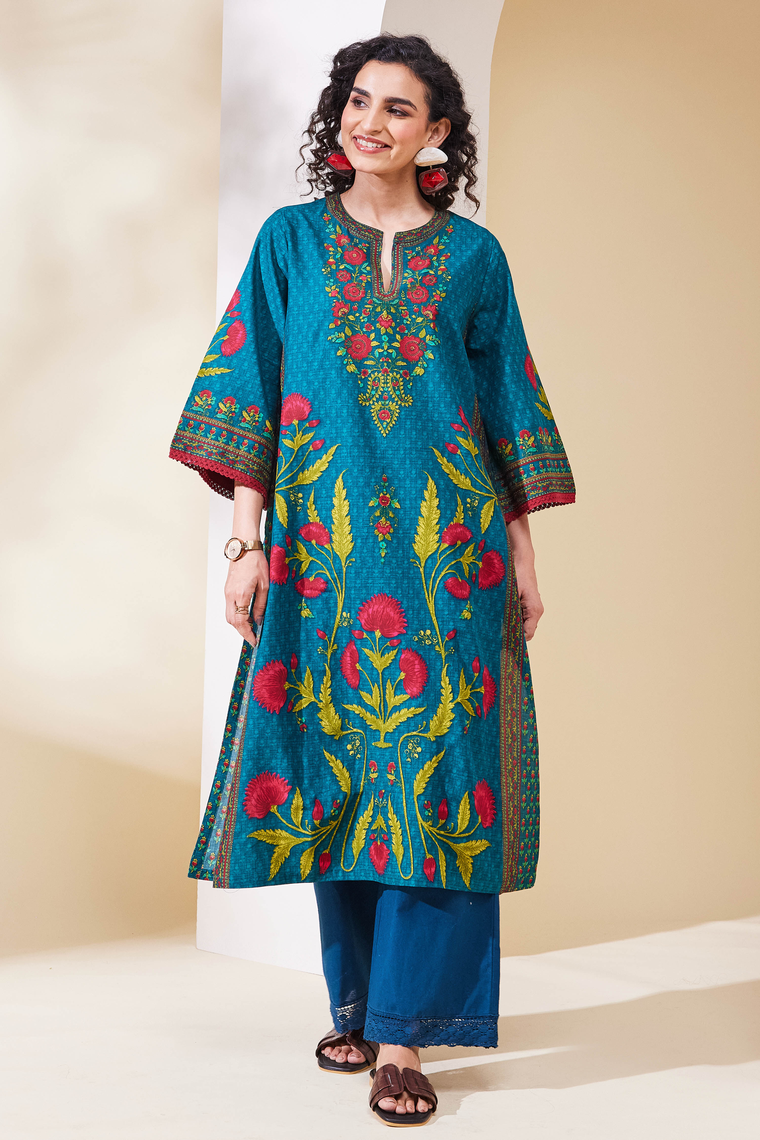 biba Teal Blue Cotton Printed Straight KurtaTeal Blue Cotton Printed Straight Kurta-picture-678