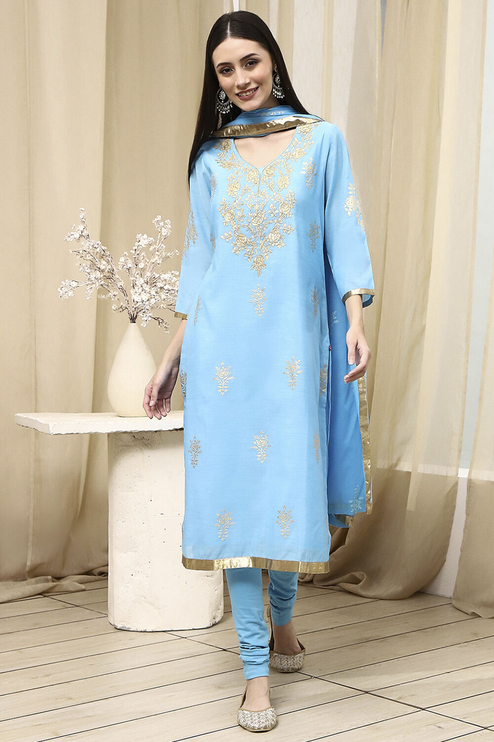 Blue Poly Chanderi Straight Suit Set image number 6