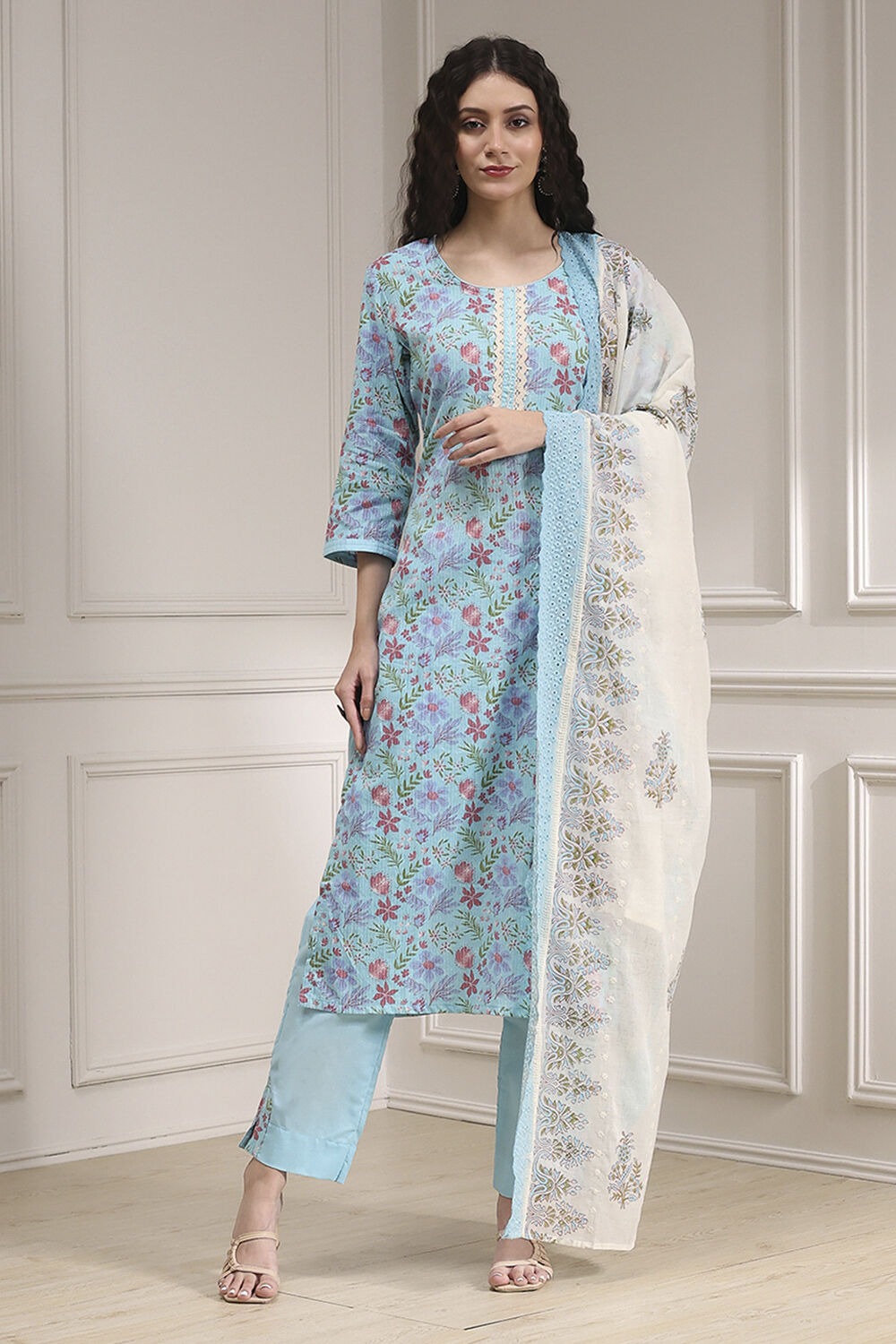 Turquoise Chanderi Handloom Unstitched Suit Set image number 1