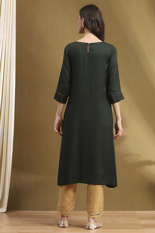 Green Solid Straight Kurta image number 3